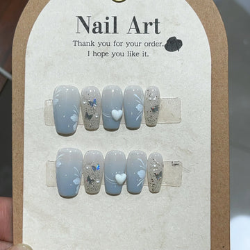 10Pcs Fake Nail Blue Halo Medium Coffin Press on Nail with Glue Fresh Elegant False Nails Hand Painted Branches Leaves Nail Tips